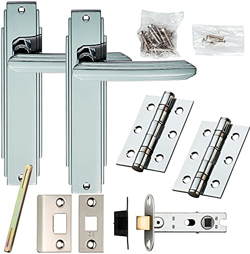 Door Handle & Latch Pack - Chrome Art Deco Premium Lever on Backplate 205 x 45mm | Complete Matching Set for 1x Interior Door - Handle, Hinges & Tubular Latch Strike Plate | Screws & Fixings Included
