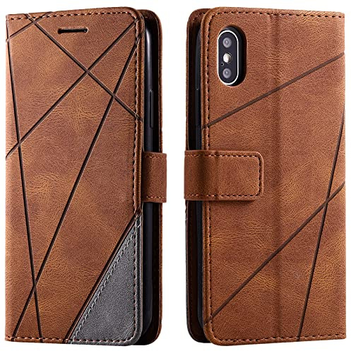 Vankii Kompatibel mit iPhone XS/iPhone X Hülle (5,8 Zoll), Flip Wallet Handyhülle PU Leder Brieftasche Tasche Case Schutzhülle [Kartenschlitzen] [Magnetverschluss] [Standfunktion] (Braun)