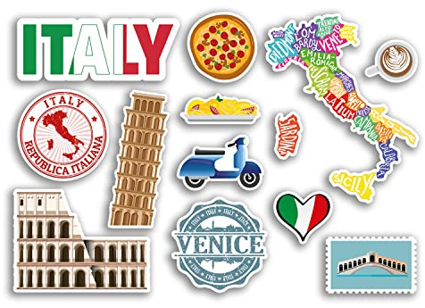 A5 Aufkleberbogen – Italien Vinyl Aufkleber – Italien Rom Pisa Venedig Wahrzeichen Urlaub Stadt Land Flughafen Karte Flagge Lebensmittel Aufkleber #77543