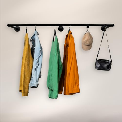 RSR Hangers® Kleiderstange Industrial Design Wandgarderobe 120 cm x 30 cm für die Wand | Schwarz | Garderobenstange | Schlafzimmer | Flur | Garderobe | Wandmontage