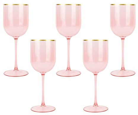 Pink Wine Cup with Gold Rim Plastic Wine Glasses Set of 5 Elegant Wine Goblets Hard Plastic Wine Cups on Stem 12 Ounce
