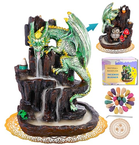 Zvaiuk Dragon Backflow 2 Sided Mountain Waterfall Incense Burner,Fountain Smoke Incense Holder with Backflow Incense Cones, Tweezers, Mat，Resin Aromatherapy Meditation (Green)