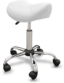 QUIRUMED Taburete Tipo Pony, Ergonómico, con Base de Acero, Color Blanco, Tapizado en Polipiel, Altura Regulable, Asiento Acolchado, Ruedas giratorias, hasta 150 kg