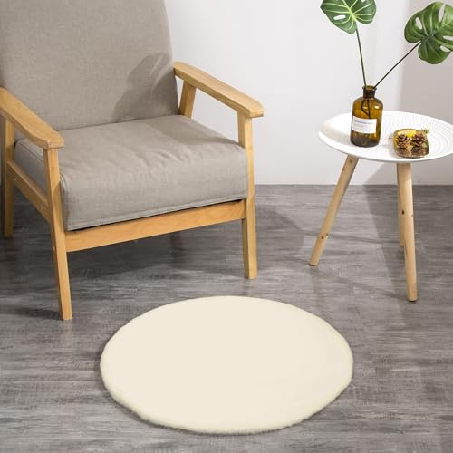 Kunst-Fell-Teppich Deko Sitzkissen | Flauschige Stuhlauflage für Schlafzimmer, Wohnzimmer oder Kinderzimmer | rutschfest und waschbar | Creme - Rund 45cm