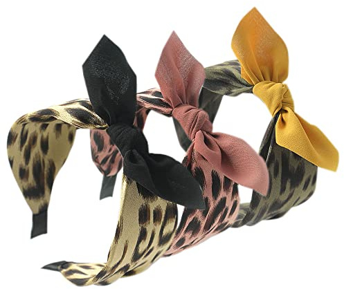 3 Stück Stirnbänder für Damen, Boho, Wickelbindung, modische Haarbänder, elastisch, gedrehter Haarschal, hübsche Fliege, breite Haarbänder für Frauen, Großbritannien und Mädchen (LeopardBow)