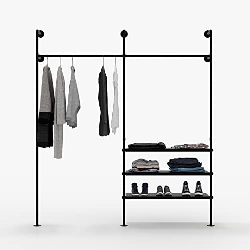 pamo Kleiderstange Wandmontage 240 kg Traglast - offener Kleiderschrank industrial schwarz aus Metall Wasserrohren mit Böden aus robustem Metall