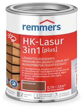 Remmers HK-Lasur 3in1 [plus] nussbaum, matt, 0,75 Liter, Holzlasur, Premium Holzlasur außen, 3fach Holzschutz mit Imprägnierung + Grundierung + Lasur
