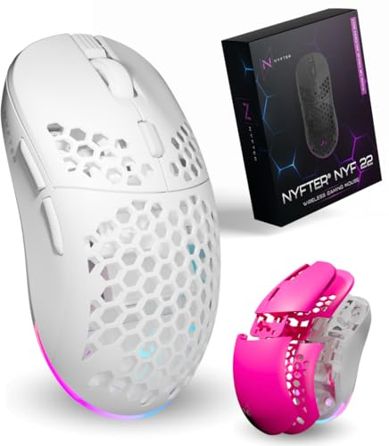 Nyfter - NYF22 Wireless Gaming Mouse mit White-Pink Honeycomb Maus Ultraleicht 75g leistungsstark mit 400mA 19K DPI, 400 IPS 1000 hz 50h Akkulaufzeit langlebig Zwei wechselbare Cases inkl.
