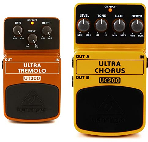 Behringer ULTRA TREMOLO UT300 Classic Tremolo Effects Pedal, Orange & ULTRA CHORUS UC200 Ultimate Stereo Chorus Effects Pedal,Yellow
