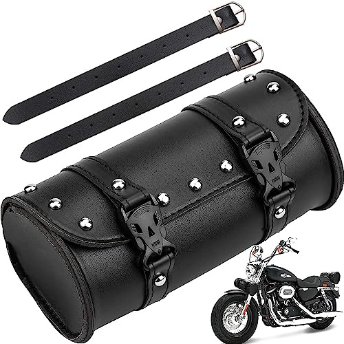 Aieraczy Universal Motorrad Satteltaschen, Runde PU Leder wasserdichte Motorrad Tasche für Lenkertasche, Hecktasche mit 2 Riemen, Schwarz