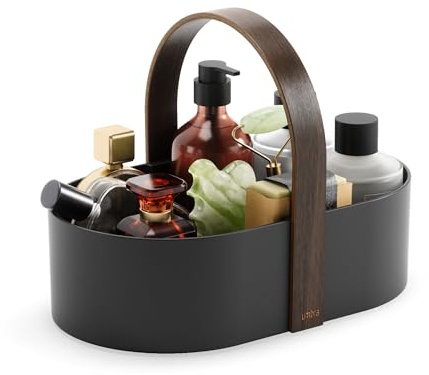 Umbra Bellwood Caddy, Organizer für Make Up, Kosmetik, Bürobedarf und mehr, robuster Behälter mit Holzgriff und herausnehmbarer Trennwand, Schwarz/Walnuss