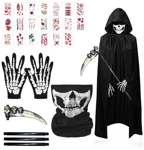 TECHEEL Costume di Carnevale, costume di Halloween, per bambini, mantello nero, falce, scheletro, maschera scheletrica, guanti da cicatrici, tatuaggi da falce, mantello spaventoso, set per Halloween,