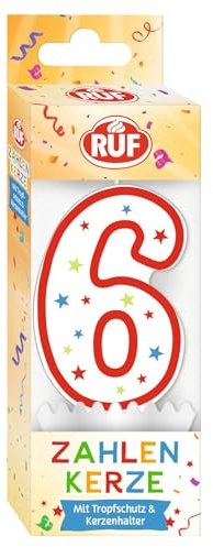 RUF - Vela número 6 con número 6, color rojo con estrellas de colores, vela de aniversario de alta calidad con protección antigoteo, ideal para decoración de tartas, 1 unidad