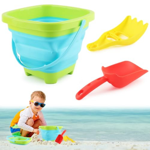dellyy Sandspielzeug, Faltbarer Eimer, 3 Pcs Sandeimer und Sandschaufeln, Sandspielzeug Set, Faltbarer Sandeimer Kinder, Mehrzweck-Eimer, für Strand, Campingausrüstung Sandburg-Baukasten