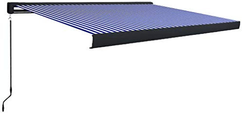 Homgoday Manuelle Kassettenmarkise 350x250cm Blau und Weiß Outdoor Garten Baldachin Markise Sonnenschutz Unterstand Markise Baldachin für Terrasse, Balkon, Hof und Restaurant Typ1