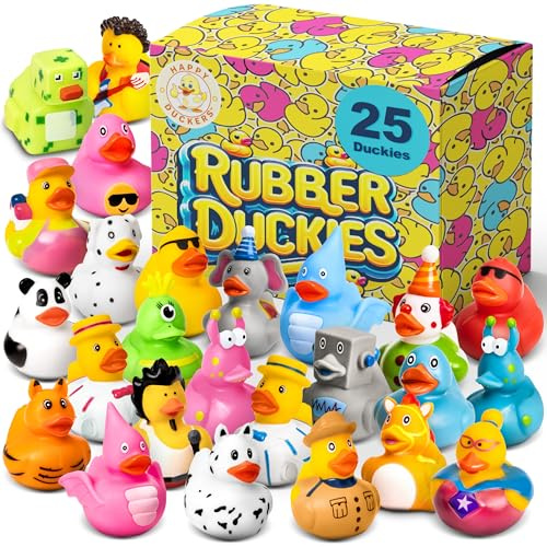 Happy Duckers Rubber Ducks - 25 Piece Bulk Pack for Bath, Pool, Party, Cruise, Jeep Ducking, Decoration & More - Small Assorted Funny Toy Duckies with Gift Box