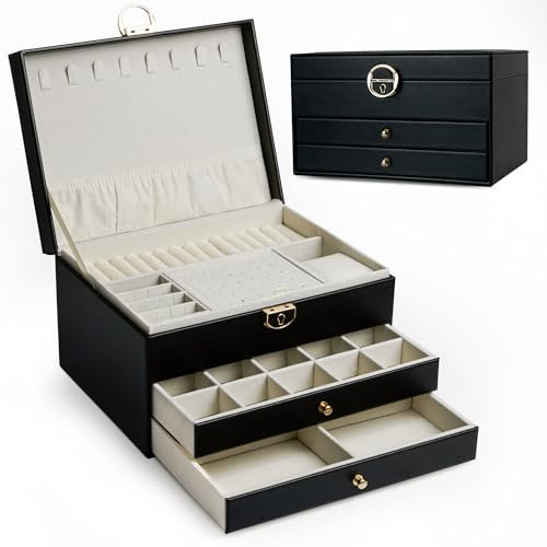 ADEL DREAM Schmuckkasten dreistöckige Schmuckbox Schmuckschatulle mit linearem Design Schmuckaufbewahrung Geburtstags- und Feiertagsgeschenk für Damen Tochter und Freunde schwarz (schwarz -17)
