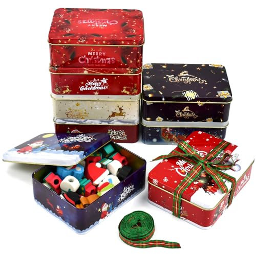 NAROSEBE 8 Pcs Latas Navideñas con Cinta de Navidad Cajas de Hojalata Navideñas Cajas Metal Navidad Cajas Metalicas Navidad latas de Navidad Rectangular para Galletas Dulce Regalo 12.5x9.3x4.3cm