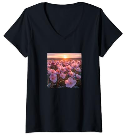 Femme Superbe motif coucher de soleil sur le champ de fleurs d'hellébore T-Shirt avec Col en V