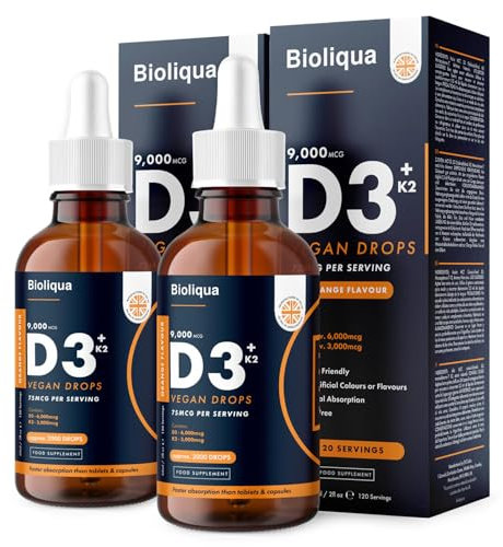 Vitamin D3 + K2 Liquid Drops - Vegan - High Strength 2000iu D3 + 25mcg K2-4 Month Supply - 240 Servings - 9,000mcg per 60ml Bottle - Sublingual Fast Absorption - Made in UK by Balance (2X Pack)