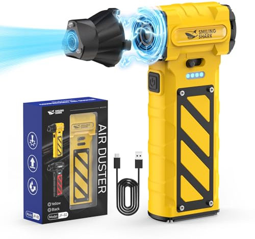 Smiling Shark Elektrische Staubgebläse, Stufenlose Geschwindigkeit 110000U/min Compressed Air Duster mit Notfallschneider & Hammer- 8000mah Akku für PC/Tastatur/Auto/Camping, JF-02(Gelb)