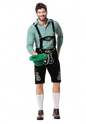 Oktoberfest Herren Outfit Kurze Trachtenhosen Herren Tracht Lederhose Trachtenlederhosen Trachten Hose Bayerische Hosenträger Hemd+Latzhose+Trachtenhut Männer Für Bierfest, Volksfest, Karneval