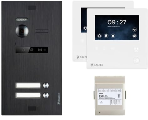 Balter EVO Schwarz/Weiß Video Türsprechanlage Set für 2 Familienhaus (1x Türstation mit Kamera, 2X 4.3 Mini Monitor, 1x EVO-DL Module, 2-Draht Bus, 150° Weitwinkel, Türöffner)