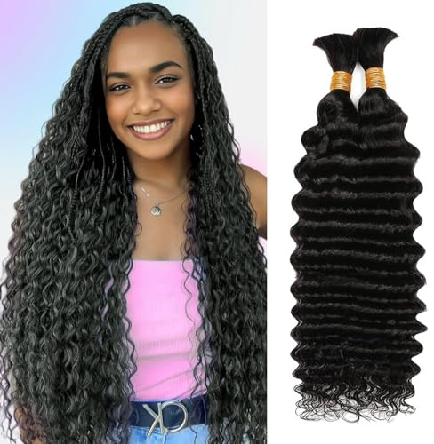 Extensions de cheveux humains ondulés en vrac pour tresses bohèmes - Pour tresses - 100 % sans trame - Extensions de cheveux humains brésiliens vierges et bouclés - Pour tresses bohème (Deep Wave 1B
