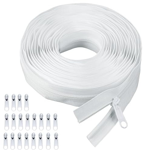 Fermeture Éclair Blanche, 10 m Fermetures Éclair Continue Nylon, Avec 20 Curseurs en Métal, Fermeture Éclair au Mètre Blanche Chaîne, Pour Bricolage, Couture de Vêtements, Linge de Lit, Cartables