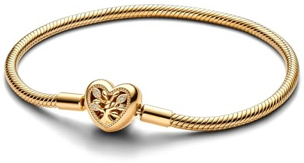 PANDORA Moments Stammbaum Herzverschluss Schlangen-Gliederarmband aus Sterling Silber mit vergoldeter Metalllegierung, Kompatibel Moments Charms, Größe: 18 cm, 563516C01-18