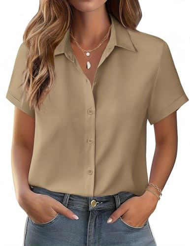 Zeagoo Camicia Maniche Corte Donna Estiva Camicetta Scollo a V Blusa Casual Cotone Camicie Elegante con Bottoni Maglietta Tinta Unita Classico Tops Cachi M