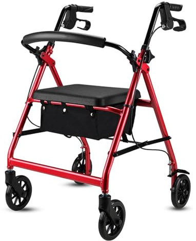 DéAmbulateur Vertical Tout-Terrain, DéAmbulateur Pliable avec SièGe à Dossier, Cadre EntièRement RéGlable, Aide à la Marche pour Personnes âGéEs et Adultes(Color:Rouge)