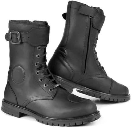Motorcykelstövlar med snörning för män med spännen och sidodragkedja Rund tå Läder Casual Combat Ankelklänning Boot