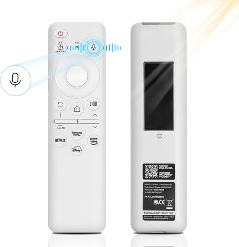 Glitfix Solaire Telecommande pour Samsung, BN59-01432A Telecommande Vocale pour Samsung Smart TV, Télécommande Infrarouge avec Netflix, Prime Video, Dis-ney(Blanc)