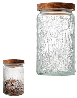 DYUEE Glass Jar with Airtight Acacia Wood Lid 1000Ml Vintage Glass Kitchen Storage Counter Sealed Jar 35Oz Decorative Glass Food Storage Containers for Candy Flour Oats Coffee Bean (Sunflower)