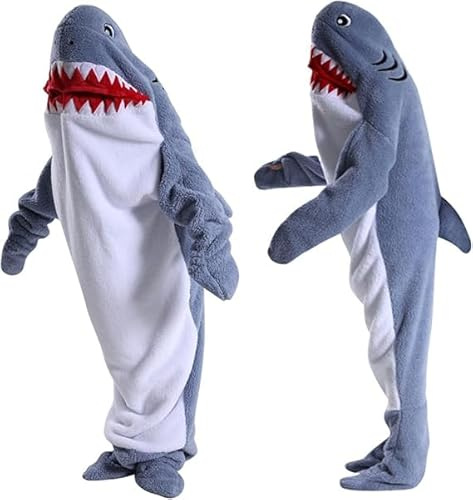 DAJASD Shark Blanket, Cozy Flannel Shark Blanket Onesie for Adults & Kids, Wearable Blanket Hoodie, Sleeping Bag with Hood, Cosplay Costume Gift for Friends Family Sharks Lovers -L