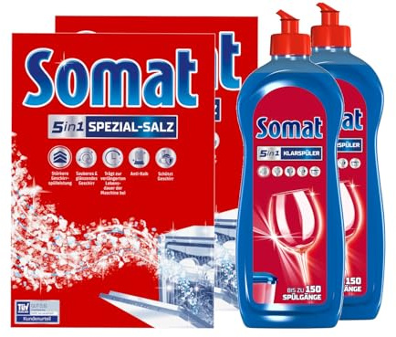 Somat 5in1 Spülmaschinenpflegeset – 2 x Spezial-Salz (1,2 kg) & 2 x Klarspüler (750 ml) – Effektive Reinigung, Extra-Trocken-Effekt & Schutz für Ihren Geschirrspüler
