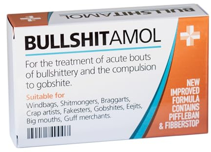 Bullshitamol for the treatment of acute bouts of bullshittery. Joke imitation tablet / pill box, bag and labels. Great prank, fun item for Birthdays, Father's Day, Christmas, Secret Santa.
