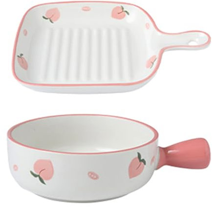 Dxcaicc Plato para Lasaña Cerámica Creativa Fruta Fresca Patrón De Melocotón Una Bandeja para Hornear Y Un Recipiente para Hornear Platos para Hornear De Un Solo Mango,Rosado