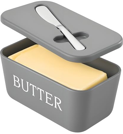 Mantequera grande de plástico con tapa, contenedor de mantequilla de polipropileno de grado alimenticio con tapa, contenedor de mantequilla gris para encimera de cocina, refrigerador