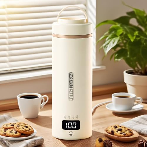 Mini bouilloire de voyage portable 450 ml 4 réglages de température en acier inoxydable 304 avec fonction d'arrêt automatique (Cremé)