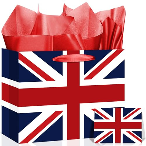 Union Jack Flag Great British Gift Bag with Card & Wrapping Papers,UK England London Shopping Bag National Day of United Kingdom for Groceries,Travel, Souvenirs, Gift& UK Party Decorations