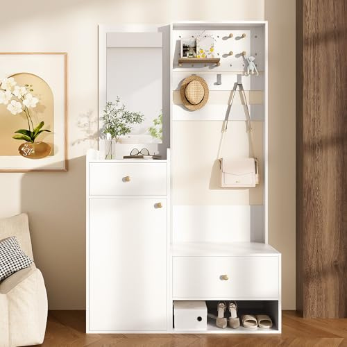 Oslghy Garderobenset Wandgarderobe, Garderoben Set mit Schuhbank und Spiegel, Garderobenständer mit Verstellbaren Haken und Geräumigen Regalen, Kompaktgarderoben Flurgarderobe, 105x38x180cm (Weiß)