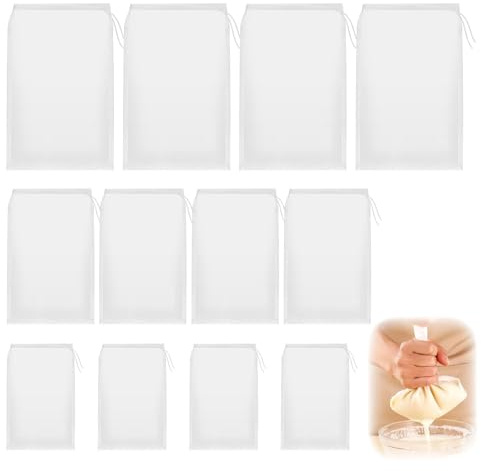 Aihoom 12PCS Reusable Straining Bag, 3 Sizes (15x20cm, 20x30cm, 25x35cm) Fine Mesh Cheesecloth Bags for Cooking, Nut Milk, Yoghurt, Juice, Cold Brew Coffee, Muslin Cheese Cloths for Food Straining
