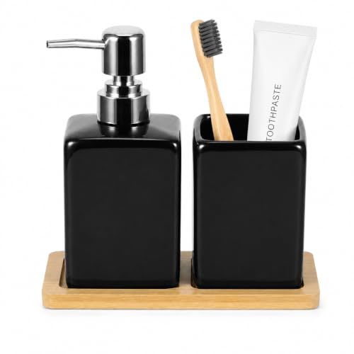 Bathroom Soap Dispenser Set Bathroom Accessory with Toothbrush Holder | 3 Pieces Countertop Bathroom Set Ceramic Black Bathroom Accessories Set with Soap Dispenser Tray