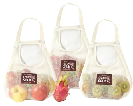 3 Pack Mesh Produce Bags, Reusable String Grocery Bags for Vegetables, Lightweight Washable Drawstring Fruit Bags, Eco-Friendly Foldable Tote for Shopping, Travel, Kitchen Pantry Storage, Off White