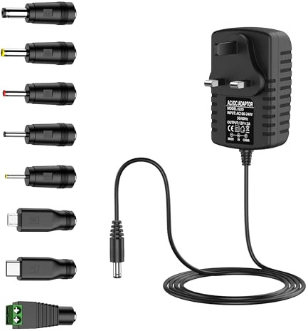 12V 2A DC Power Supply UK Plug AC Adapter with 8 DC Plug Tips, Converter Driver AC 100-240V Supply to DC 12V, AC to DC Converter Adapter Transformer for CCTV Camera, USB 3.0 HUB, LED Lights