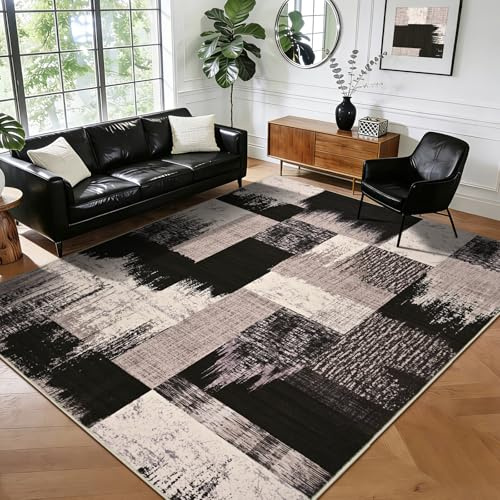 Yinhua Modern Geometric 5x8 Area Rug, Patchwork Brown Rugs for Living Room Washable Abstract Area Rug Non Slip, Low Pile Bedroom Rugs Stain Resistant, Mid Century Carpet for Dining Room, Office