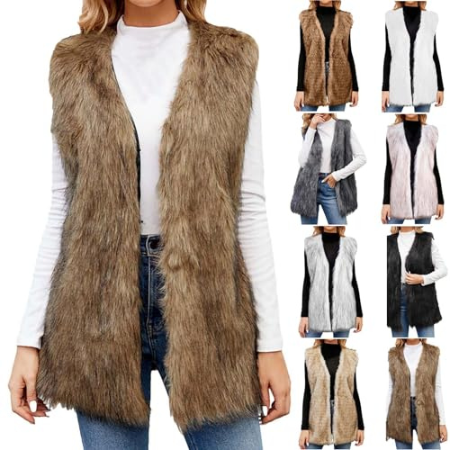 Faux Fur Gilet Women UK Mid Length Luxious Fluffy Faux Fur Vest Sleeveless Elegant Furry Waistcoats Lightweight Casual Bodywarmer Vest Coats V Neck Gilet Coats Winter Thermal Jacket