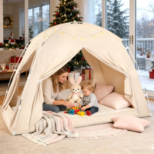 Privacy Pop Up Bed Tent for Adults & Kids, 3-Door Design, 95% Blackout Sleeping Canopy, Breathable Portable Tent for Twin Full Queen Mattress